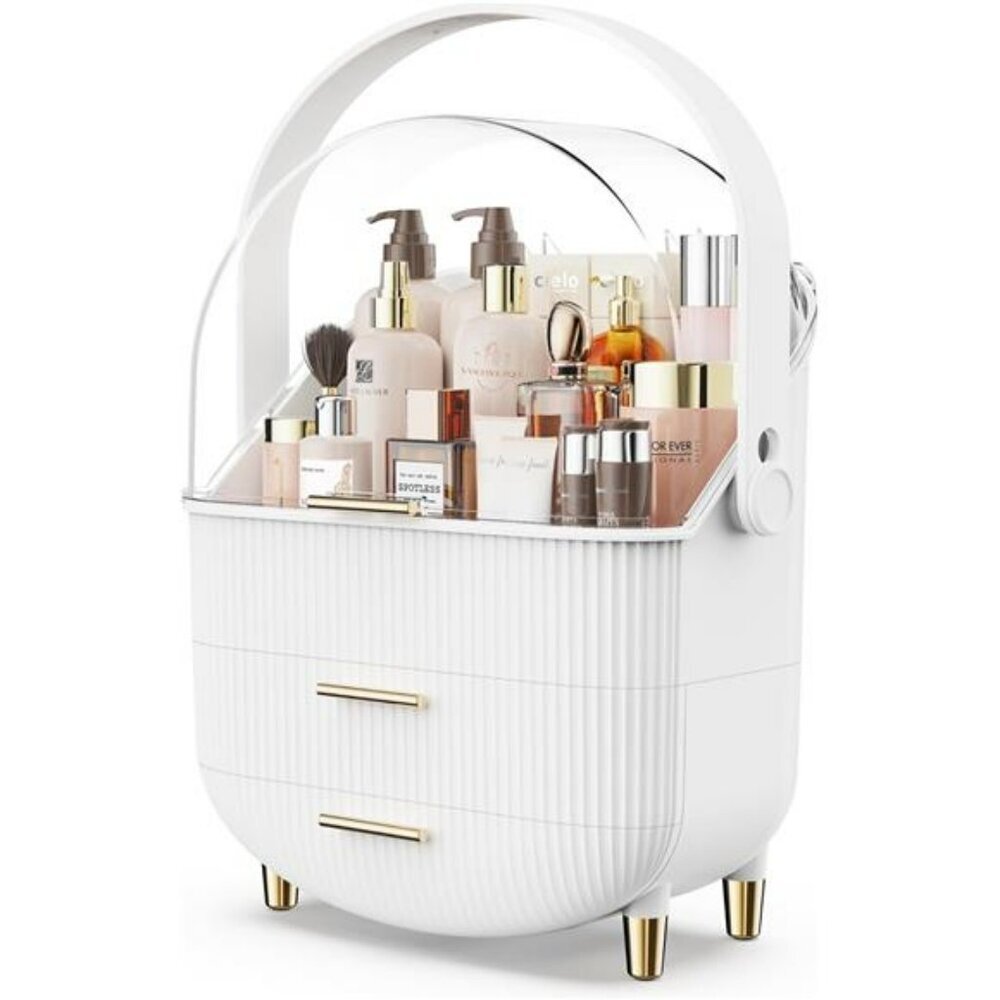 White Makeup Organizer with Lid Skincare Storage Box for Vanity Bathroom